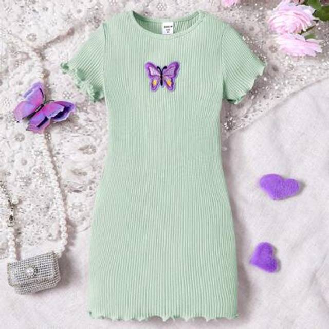SHEIN Young Girls&#39; Knitted Solid Color Round Neck Butterfly Patterned Casual Dress Young Girl Butterfly Dressbutterfly Dress For Girls