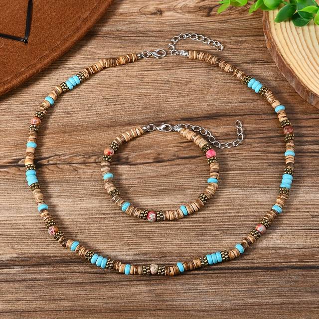 TEMU 2pcs Vintage Shell Jewelry Set - Beaded Necklace And Bracelet With Wooden Accents, Rustic Bohemian Style For Men, Tropical Jewelry