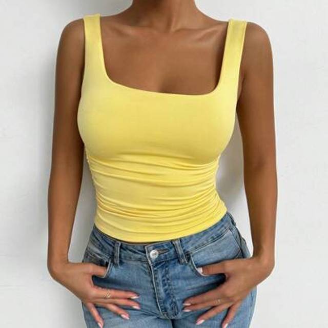 SHEIN YellowÂColorÂSquareÂNeckÂSleevelessÂTankÂTop,SummerÂVacationÂ