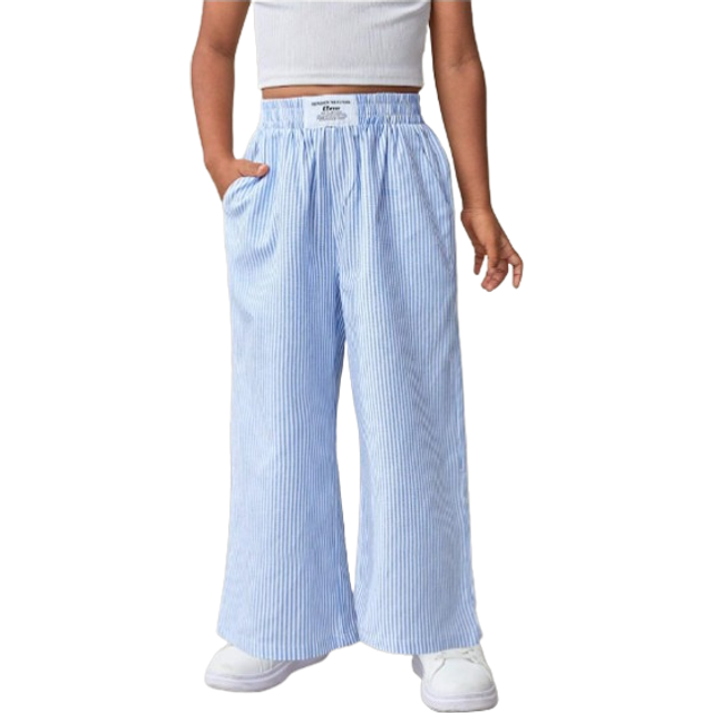SHEIN SLAYR KIDS Young Girl Casual Striped Plaid Letter Patched Detail Wide-Leg Straight Pants,Mom And Daughter Matching,Preppy,Great For Casual & Daily Wea