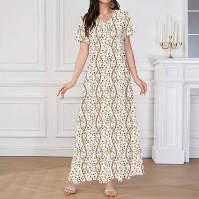 SHEIN Women&#39;s Beige V-Neck Spring/Summer Knitted Short Sleeve Ditsy Floral Dress, Featuring Delicate Flower Accents And Wavy Graphic Hem, Versatile For Casu