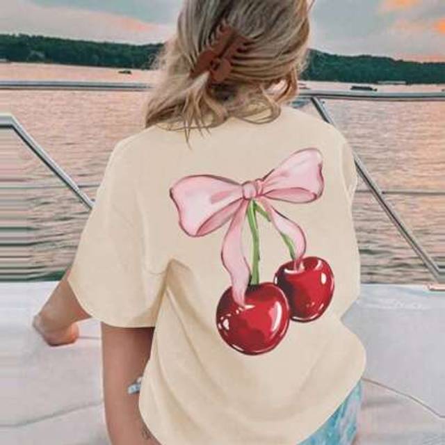 SHEIN A Dress For Girls With Casual Printed Round Neck Pullover Short-Sleeved T-Shirt For Summer Students&#39; Young Children&#39;s Clothing - A Cherry Striking T-S