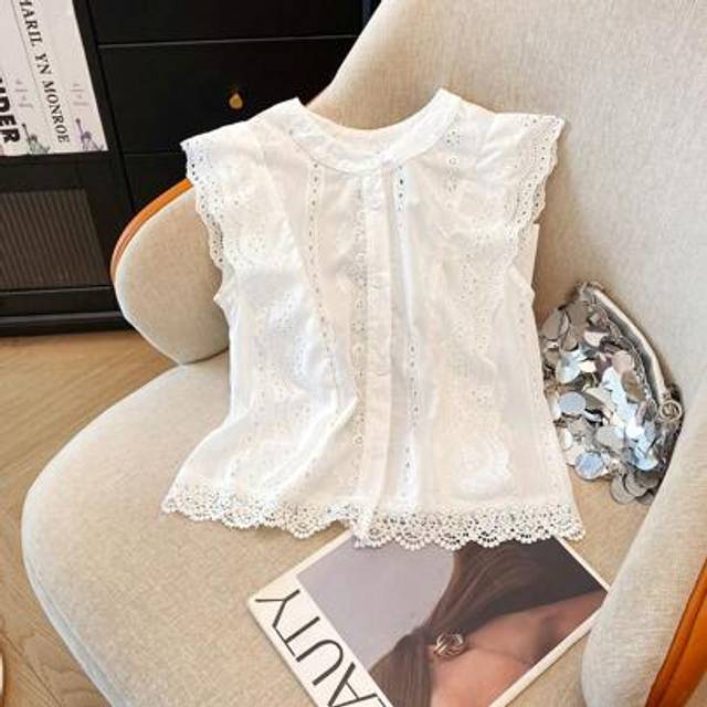 Franclia Solid Color Embroidered Lace Trim Short Casual Office Blouse For Women