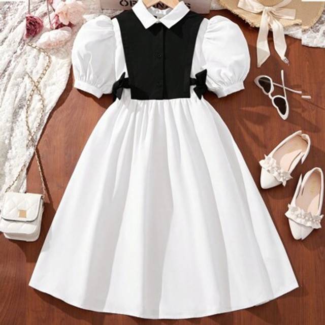 SHEIN Tween Girl Collared Side Ruched Tie Color Block Casual Short Sleeve Dress