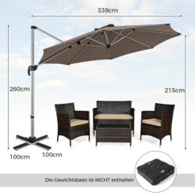 Ø 330 cm parasoll med vev & UPF 50+ & 360° roterande fribärande parasoll trädgårdsparaply brun