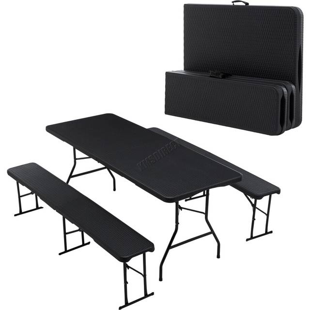 (Black) BIRCHTREE Folding Table / Bench Set 3 Piece Picnic Portable Outdoor Camping BBQ