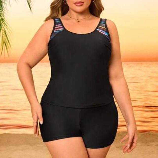 SHEIN Plus Size 2pcs Women Bikini Set, Camisole Style Patchwork Colorful Striped Print, Beach Holiday Style