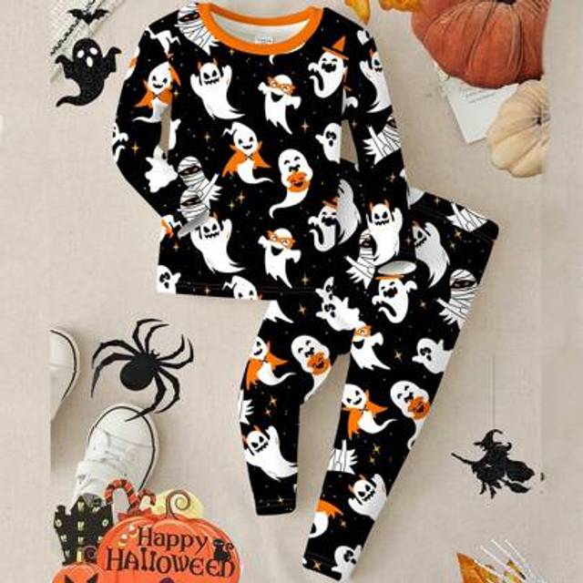 SHEIN Young Boy Halloween Ghost Cute Print Color Block Thermal Lined Crew Neck Long Sleeve Top And Pants Snug Fit Pajama Set