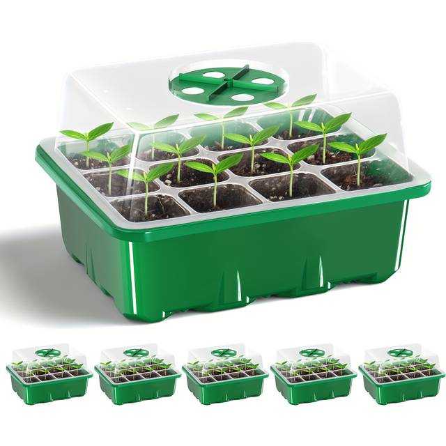 TEMU Gkkown 5pcs Seed Starter Trays With Elevated Lids, 60-cell Thickened Design, Adjustable Humidity Vent, Clear Tray For Greenhouse & Garden Use - Green