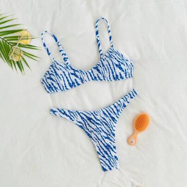 2st/Set Dam Sommar Semester Strandgrimma Rygglös topp och High Cut Shorts Bikini Set - Blått och Vitt (L,M,S,XL)