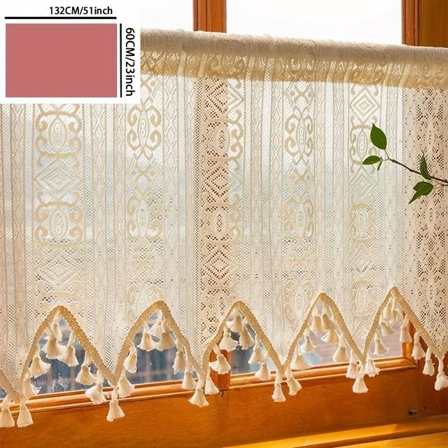 TEMU Bohemian Chic Lace Cafe Curtain With Tassels - Rod For Easy Hanging, Semi- Pattern, Kitchen & Living Room Decor