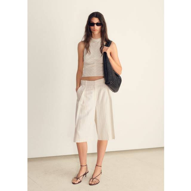 Striped linen-blend bermuda shorts off white - Woman - 12 - MANGO - Off White