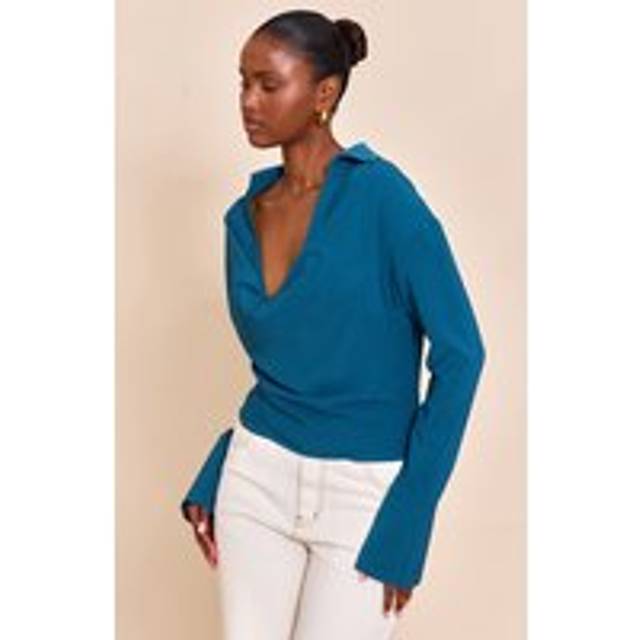 Teal Chiffon Cowl Neck Blouse, Blue - 8