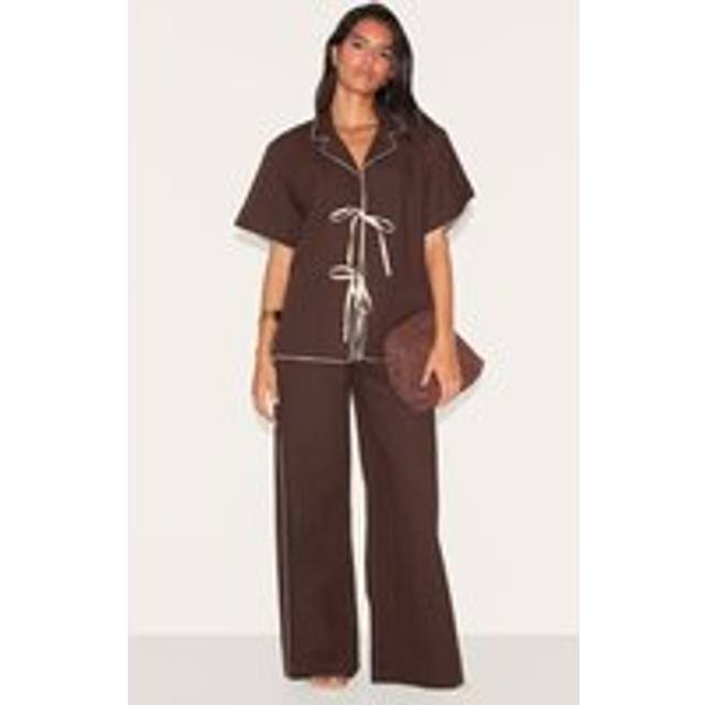 Dark Brown Linen Look Contrast Wide Leg Trousers, Dark Brown - 8