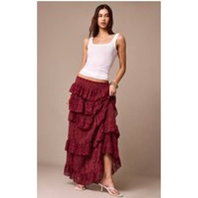 Dark Plum Lace Tiered Floaty Maxi Skirt, Dark Plum - 6