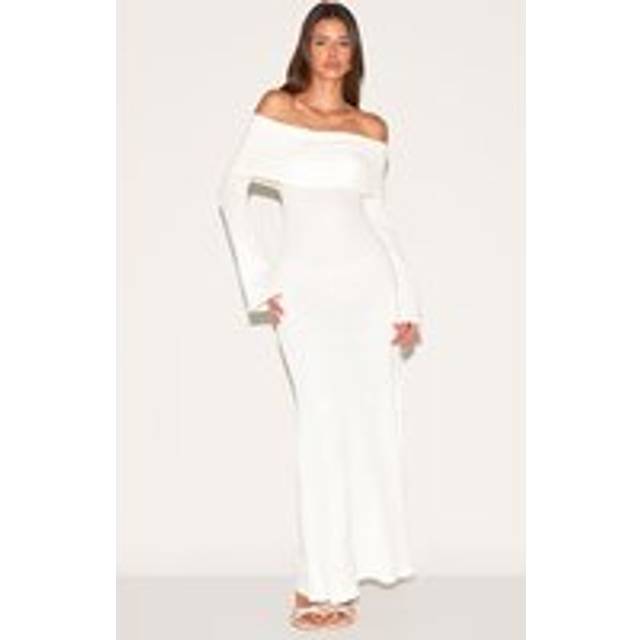 Cream Textured Extreme Bardot Long Sleeve Maxi Dress, White - 12