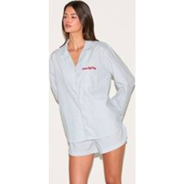 PRETTYLITTLETHING Embroidered Blue Stripe Oversized Shirt and Short PJ Set, Blue - M