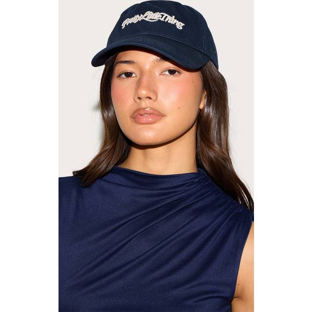 Pretty Little Thing Cream Embroidered Navy Cap, Blue - One Size