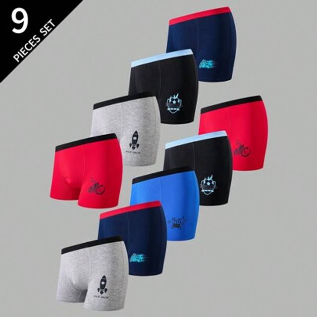 SHEIN 9pcs/Pack Youth & Teen Boys Comfortable Boxer Briefs With Tracksuits, Rocketships, Motor Sports Prints,Summer,Travel