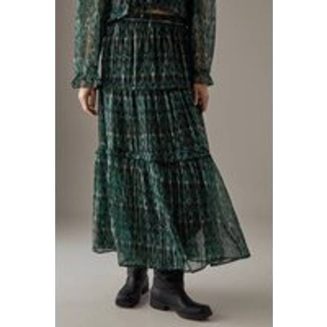 Womens Metallic Chiffon Tier Maxi Skirt - Green - 16