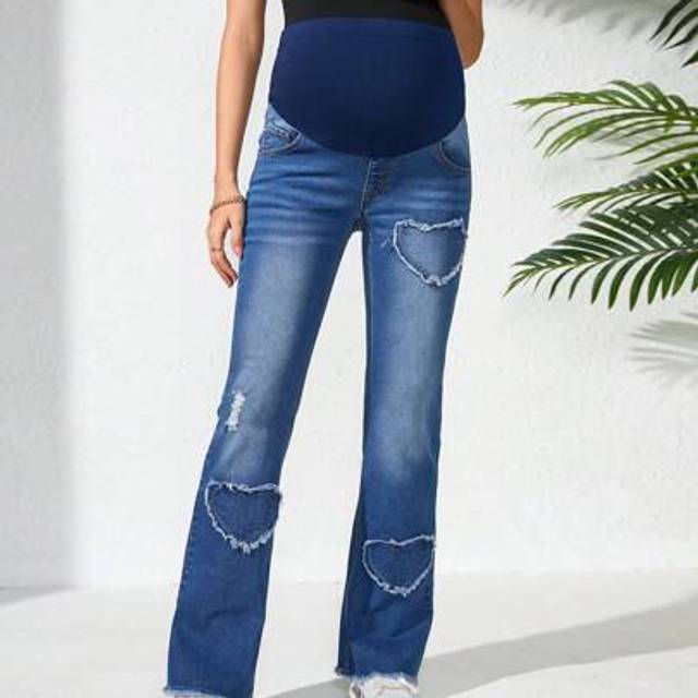SHEIN Pregnant Women Plain Color Patchwork Pocket Raw Hem Casual Jeans