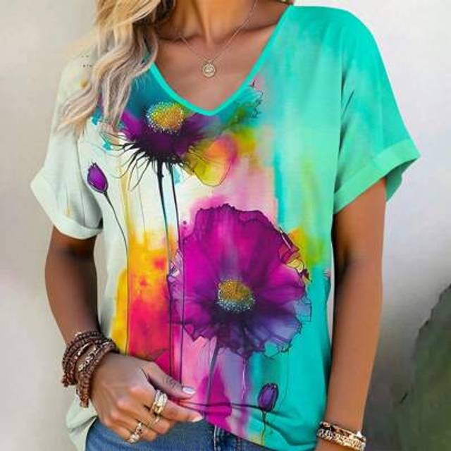 SHEIN Plus Size Women&#39;s Vintage Watercolor Ombre Floral Print V-Neck Short Sleeve Graphic Tees With Rolled-Up Cuffs,Casual Loose Summer Women Cute Women Top