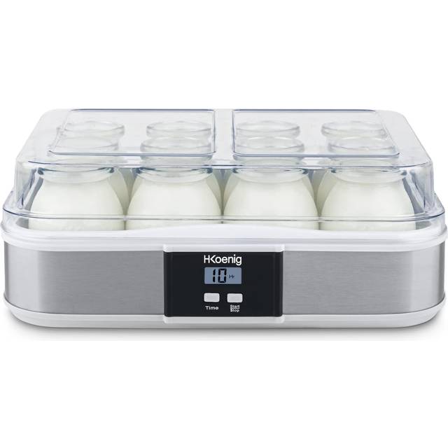 H.Koenig Yoghurtberedare ELY120, kapacitet 12 x 160 ml, programmerbar, LCD-skärm, hölje i rostfritt stål, BPA-fri, diskmaskinssäker, automatisk avstängning, 21,5 watt effekt