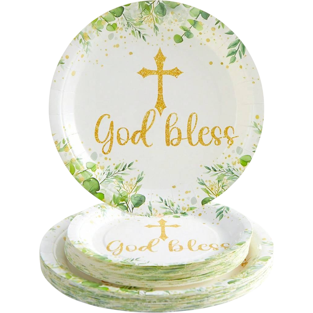 SHEIN God Bless One-Time Use Plate Set, 7/9 Inch Cross-Shaped Disposable Party Tableware Set, Cross-Themed Party Decoration Paper Plates Set