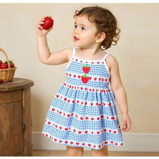 SHEIN Baby Girl Cute Strawberry & Plaid Pattern Strap Dress, Vacation Style, Spring/Summer