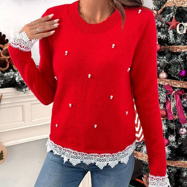 Chiquease Women&#39;s Christmas Colorblock Lace Patchwork Beaded Decor Pullover Sweater