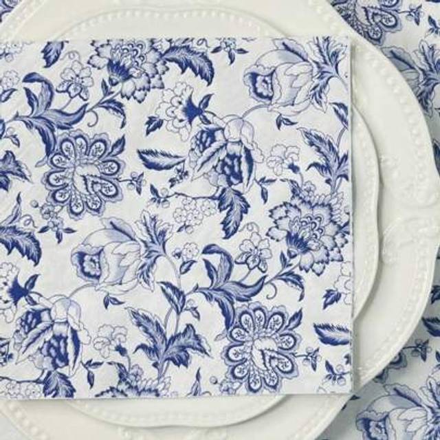 SHEIN 20pcs/Set Disposable Retro Blue Flower Printed Decoupage Napkins 13x13inch, Suitable For Weddings, Birthdays, Holidays, Restaurant And Home Decoration