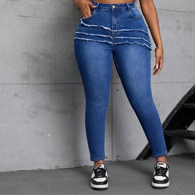 Plus Size Dam Stretch Personlighet Raw Edge dekorerade tighta jeans - Blå (0XL,1XL,2XL,3XL,4XL)
