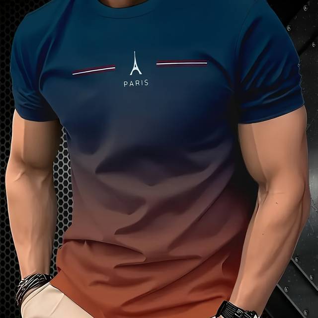 TEMU Men's Summer Short Sleeve T-shirt With Paris Print, Fashionable And Breathable, Featuring A Gradient Design For Outdoor Activities
