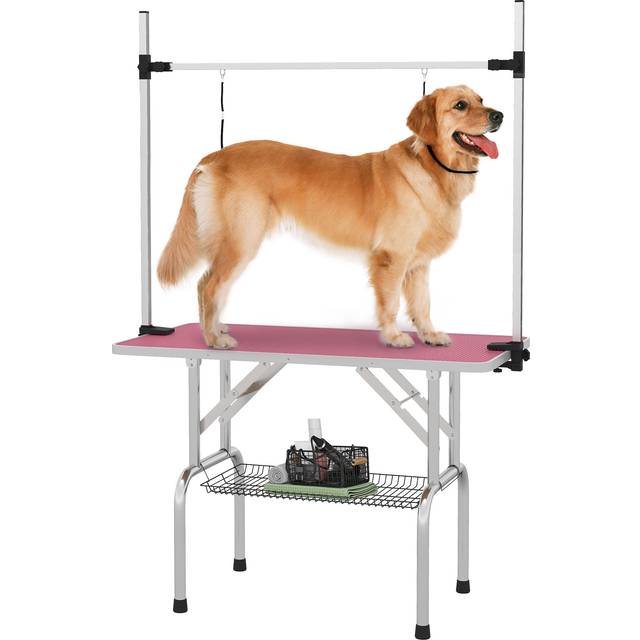 TEMU 42" Dog Grooming Table Adjustable Pet Cat Drying Beauty Table With 2 Loops Storage Basket Metal Pink