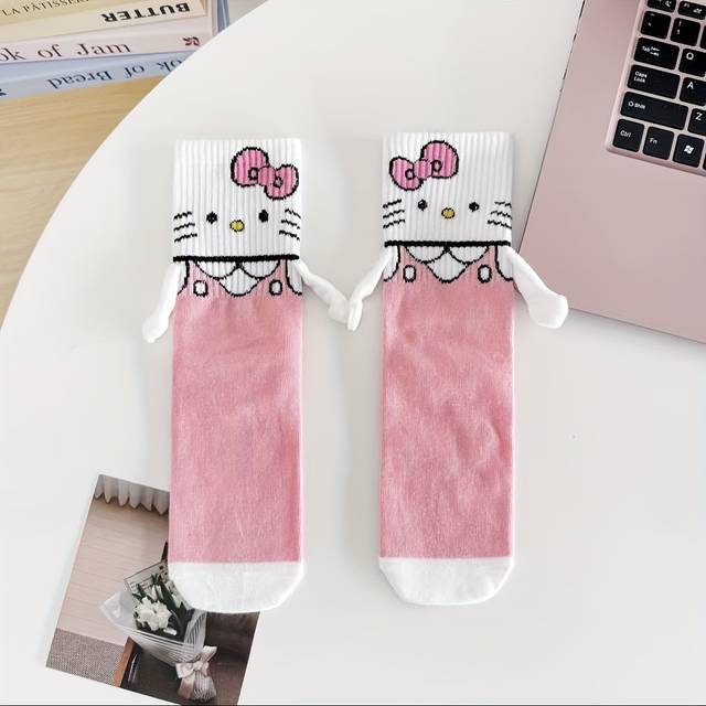TEMU 1 Pair Hello Kitty Cartoon Mid Calf Socks, Breathable Sweat-absorbent Polyester Blend, Fashionable Comfortable Trendy Style, Machine Washable