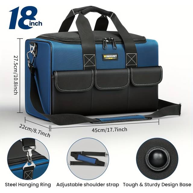 TEMU Winhunt Heavy Duty 12-pocket Tool Bag - Portable Organizer With Large Zipper & Adjustable Shoulder Strap, Blue/black Polyester, Ideal For Mechanics, Hvac Engineers, And Gifts, Tool Pouch Bag
