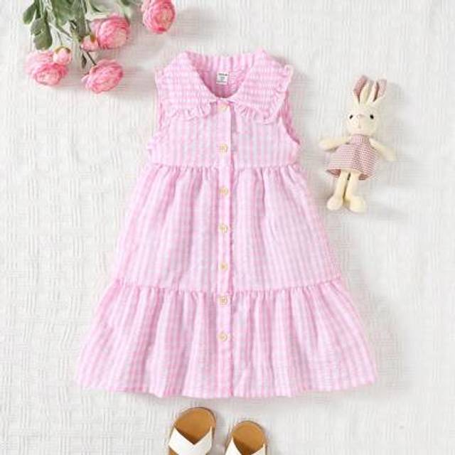 SHEIN Young Girls/Toddlers Elegant Sweet Pink Gingham Print Collared Sleeveless A-Line Dress With Gingham Patchwork, Suitable For Spring/Summer Outdoor Play