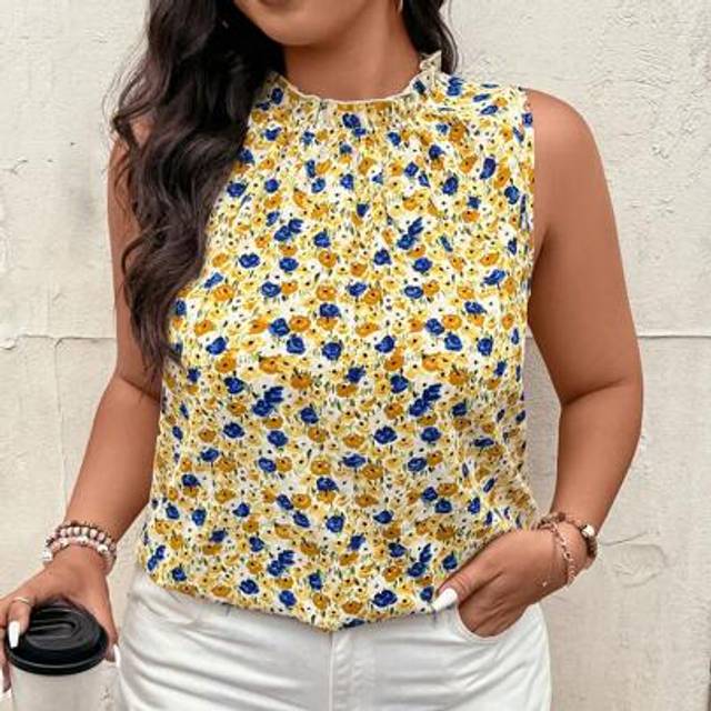 Plus Size Dam All-Over Print Ärmlös Casual Blus - Multifärgad (0XL,1XL,2XL,3XL,4XL)