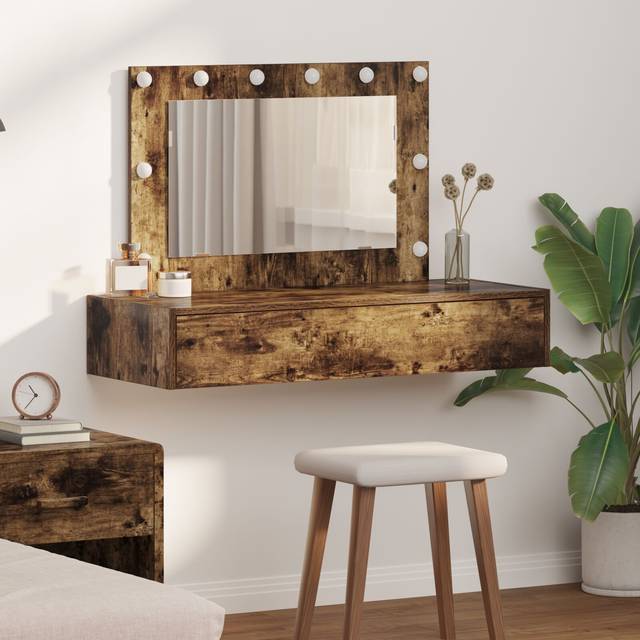 Wall Hanging Dressing Table with LED Lights in Smoked Oak vidaXL