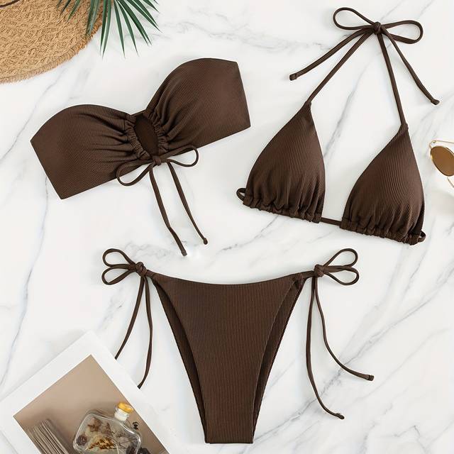 TEMU Women's Sexy Off-shoulder Bikini Set, 3pcs Knit Fabric Swimsuit With Lace-up Detail, Polyester 95% Elastane 5%, Medium Stretch, Solid Color Beach Resort Swimwear