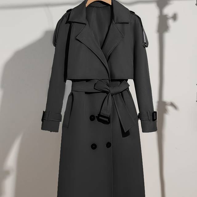 TEMU Plus Size Double-breasted Trench Coat, Chic Solid Lapel Neck Long Sleeve Belted Coat With Pockets, Women's Plus Size Clothing