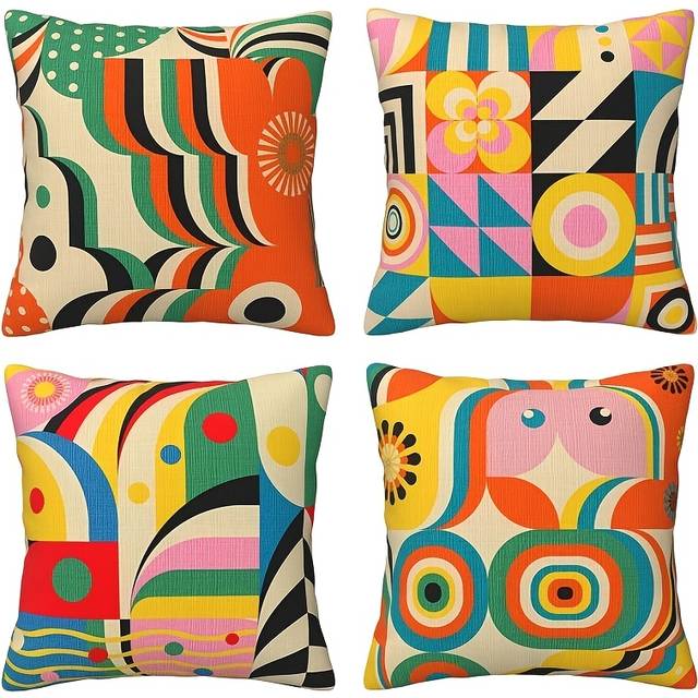 TEMU 4pcs Retro Geometric Throw Pillow Covers - , Modern Cushion Cases With Zipper For Living Room & Bedroom Decor - Farmhouse Style, Machine Washable (16x16, 18x18, 20x20 Inches)