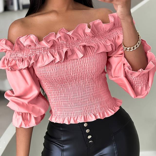 TEMU 1pc Elegant Solid -the-shoulder Top With Ruffle Detail And Puff Sleeves, Shirred Polyester Blouse For All