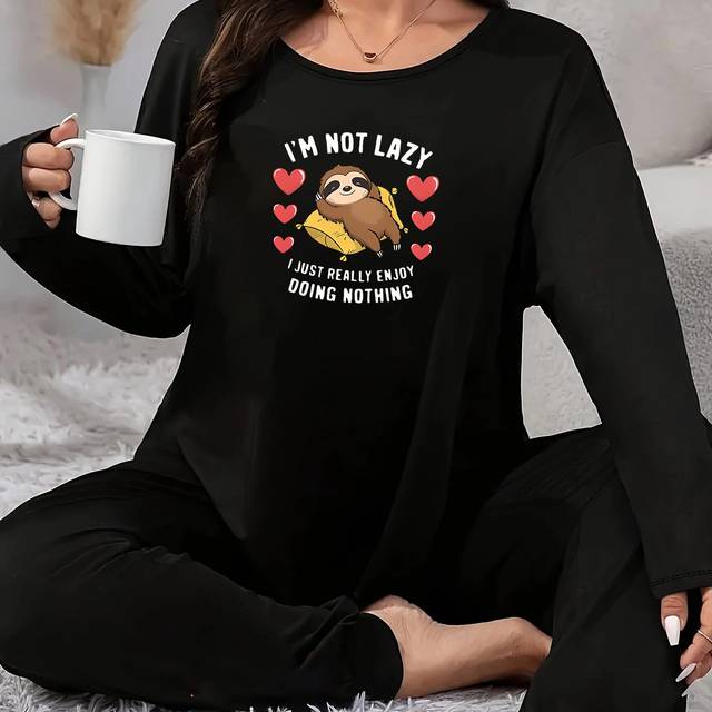 TEMU Women's Plus Size -heart Long Sleeve Pajama Set - Casual Fall & Winter , Polyester Blend, Fit For Relaxation, Relaxed Fit Pajamas| Top|stretchy Fabric