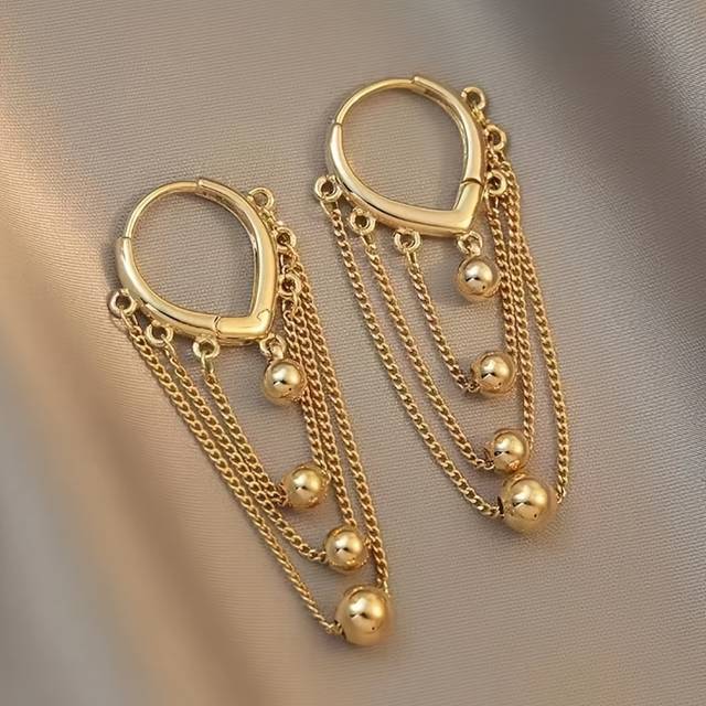 TEMU Long Golden Chain Pendant Earrings, Cute And Lovely Golden Ball Pendant, Charming Ladies' Golden Earrings, Brass Golden Hypoallergenic Material, New Chain Tassel Earrings, Ladies' Birthday Gift.