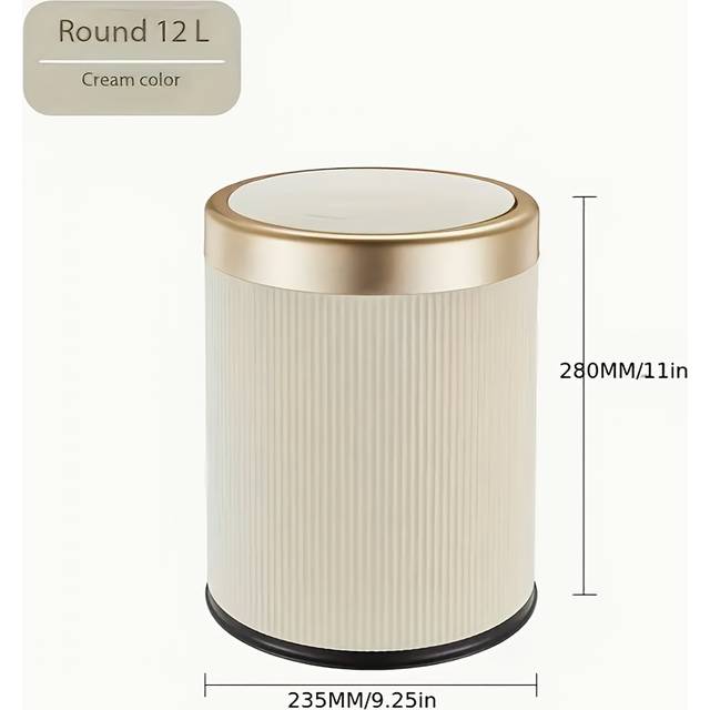 TEMU Large Capacity Press-top Trash Can With Quiet Lid – Stylish Oval Plastic Garbage Bin For Home, Office, Kitchen, And Bathroom – White & Golden