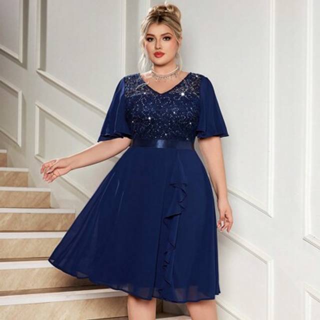 SHEIN Plus V-Neck Sequin Floral Lace Contrast Chiffon Butterfly Sleeve Ruffle Hem Evening Party Swing Dress, Elegant Prom Semi Formal Wedding Guest Dress, F