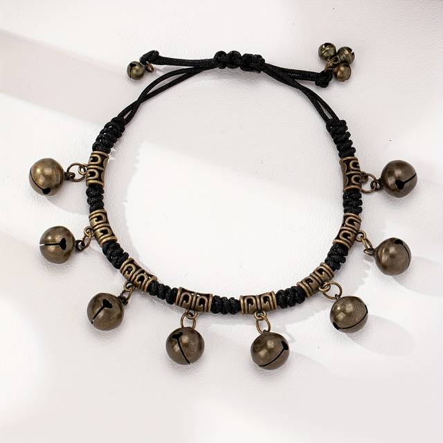 TEMU Elegant Traditional Chinese Style Bracelet - Alloy With Black Beads & Copper-colored Charms, Non-plated Metal For A