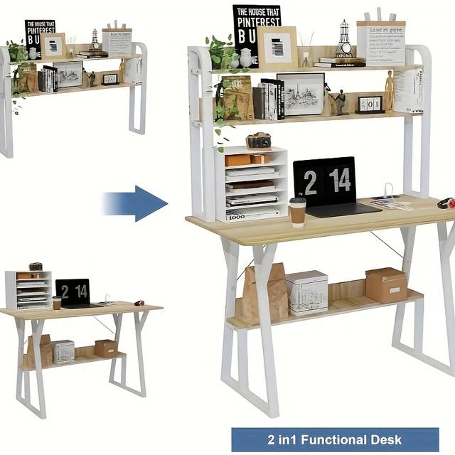 TEMU 3-tier Solid Oak Study Desk With Storage Shelves - 120x60x150cm Space-saving Design, Multifunctional Workstation For Home Office/library/small Spaces - Durable