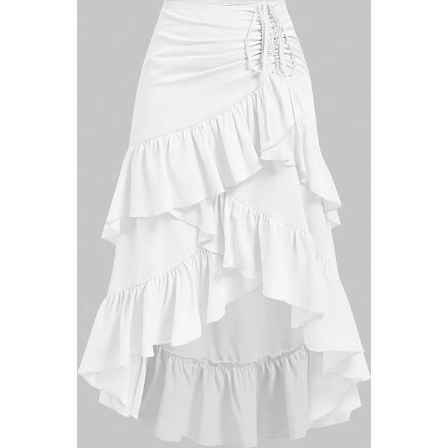 TEMU Boho Chic Skirt For Women - High-low Ruffle Hem, Drawstring Layered Tiered Skirt, Parties & Casual Lunches, Machine Washable, Wear, Maxi Skirt